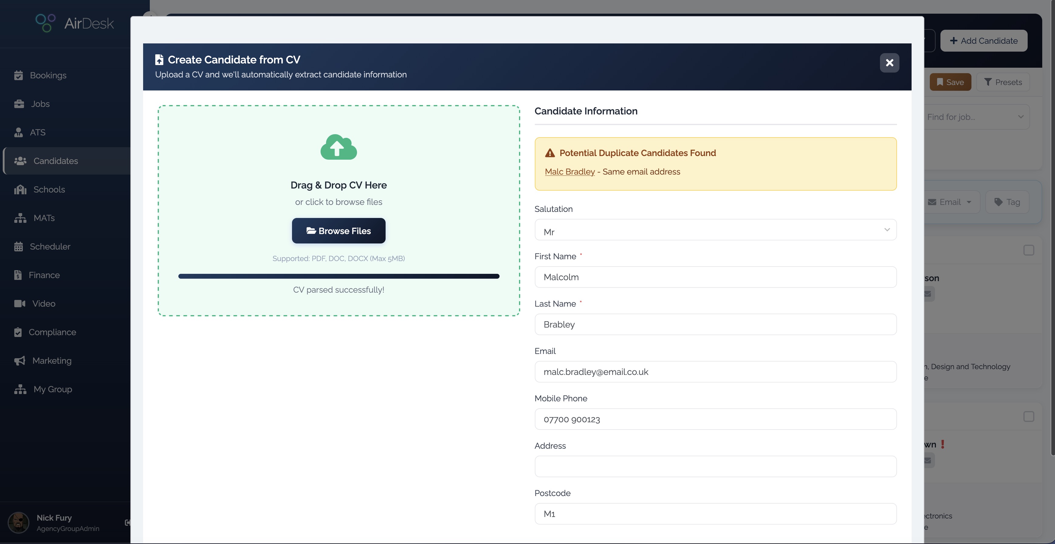 FullDesk AI CV parsing — drag and drop CV upload with automatic candidate information extraction and duplicate detection